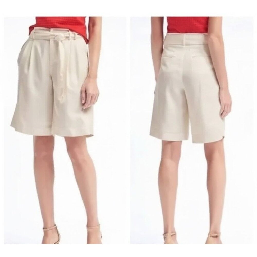 Banana Republic Bermuda Short Size 8 Pleated Avery Fit Tie Waist Ivory Cream NEW